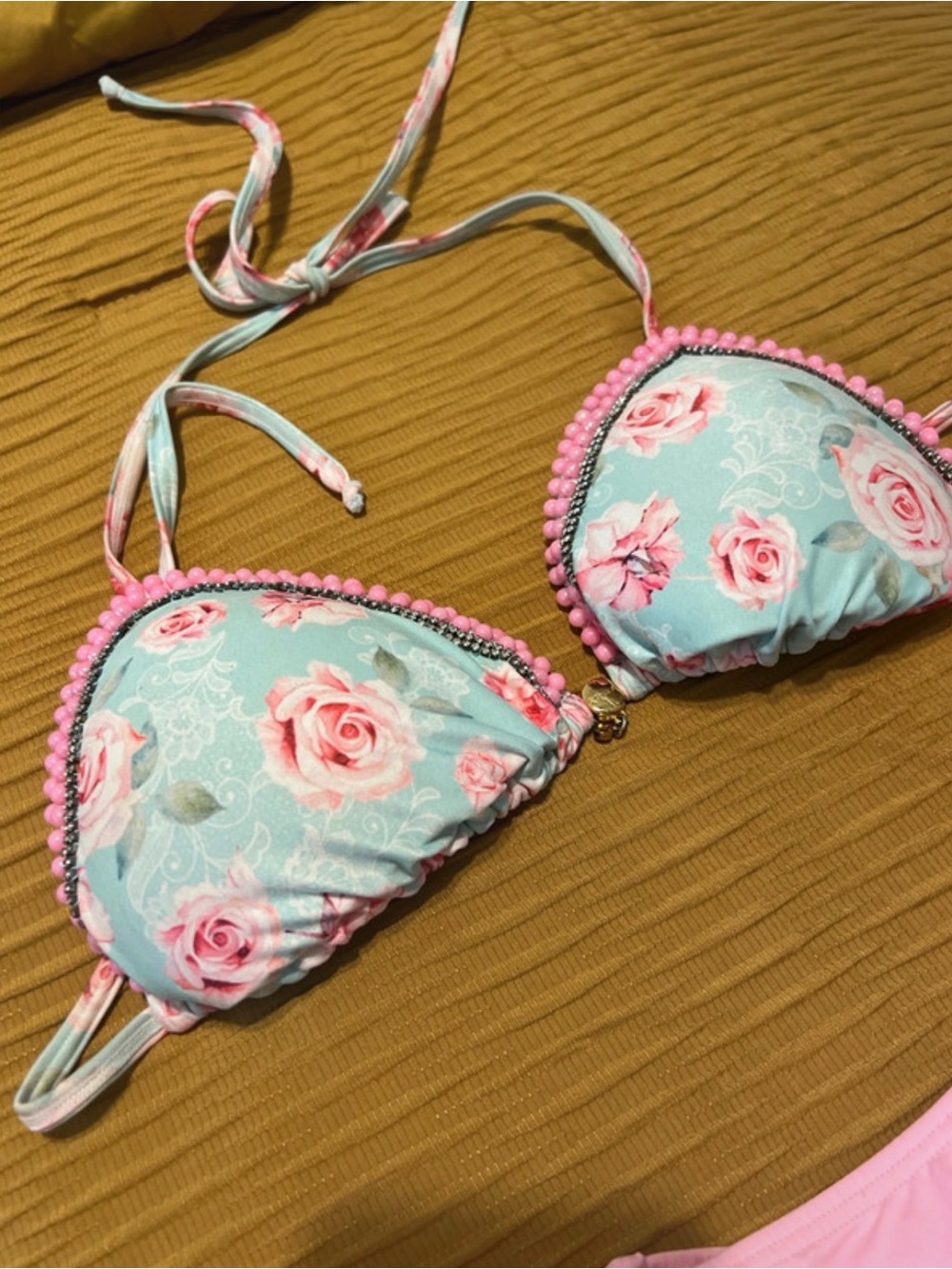 Floral Pink Trim Triangle Bikini Top - Light Blue & Pink